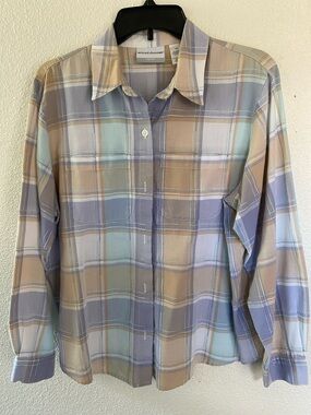 Alfred Dunner Pastel Plaid Button-Up Shirt in Blue & Tan Petite 14P Cotton Blend